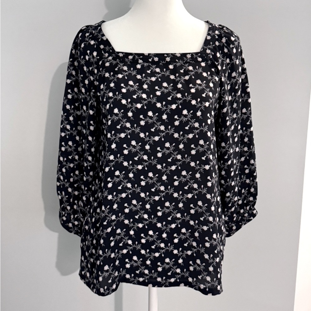 LOFT Navy and Cream Square Neck 3/4 Sleeve Blouse XSP